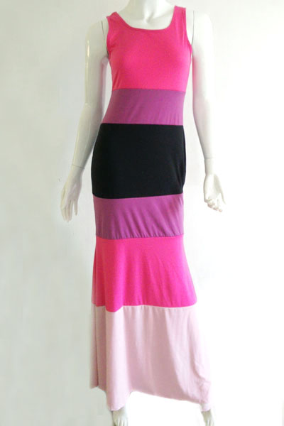 Bohemian O Neck Tank Sleeveless Patchwork Striped Polyester Sheath Ankle Length Dress