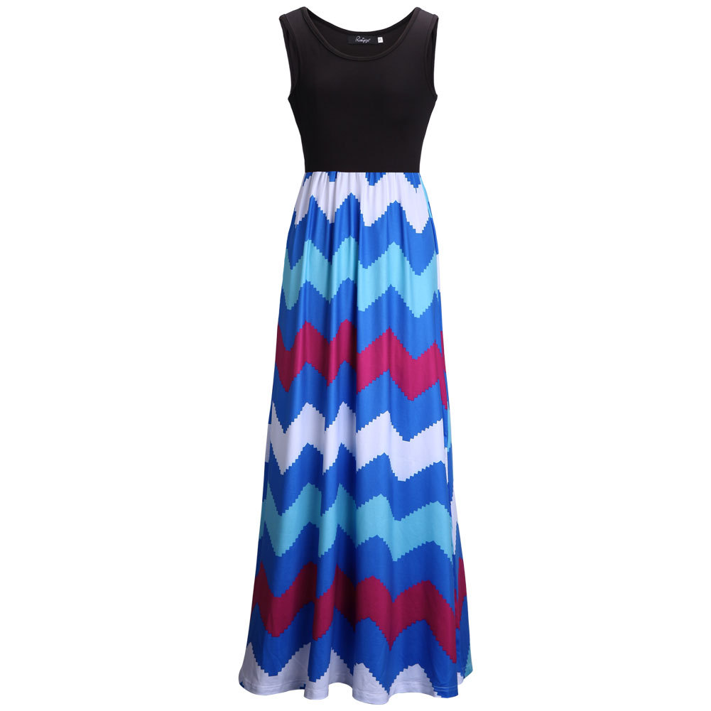 Bohemian Style U Neck Tank Sleeveless Patchwork Colorful Wavy Print Blue Blending Ankle Length Dress