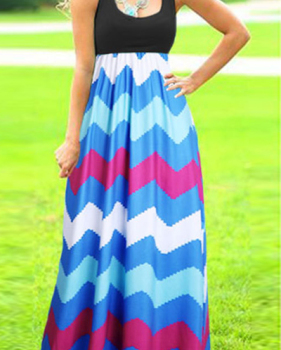 Bohemian Style U Neck Tank Sleeveless Patchwork Colorful Wavy Print Blue Blending Ankle Length Dress