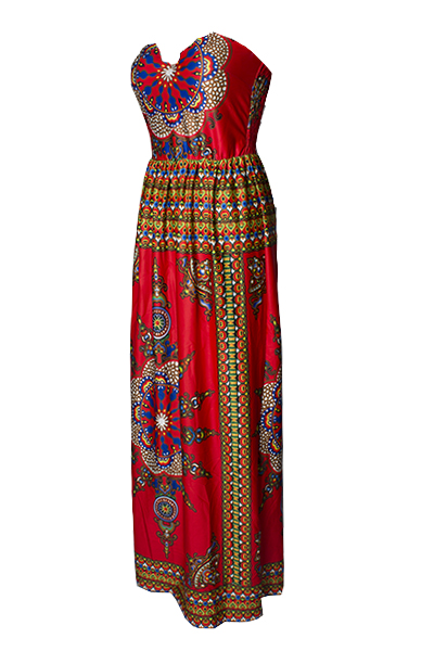 Bohemian V Neck Off The Shoulder Sleeveless Totem Printed Red Qmilch Ball Gown Ankle Length Dress