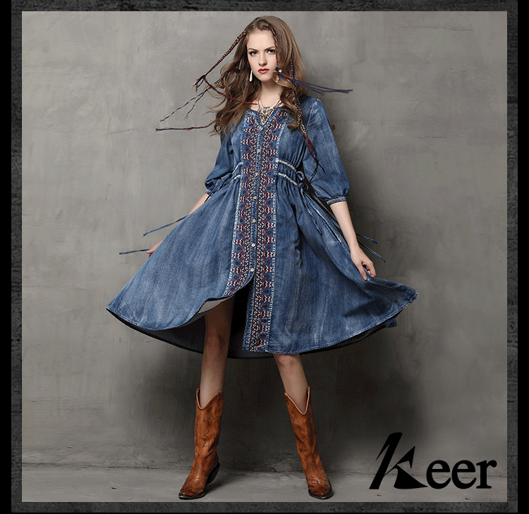 Brand women's 2019 spring and summer new large size denim skirt ethnic style embroidery drawstring sleeve dress #95013