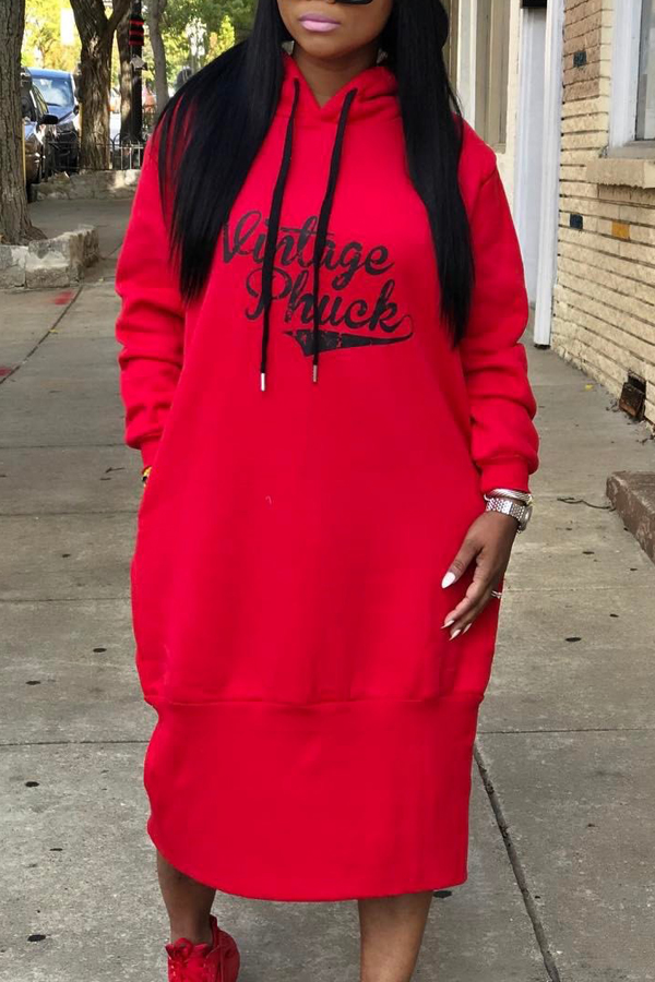 Casual Hooded Collar Letters Printed Red Polyester Mid Calf Dress