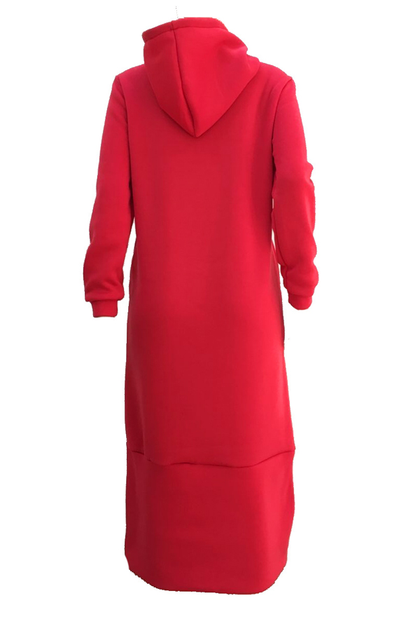 Casual Hooded Collar Letters Printed Red Polyester Mid Calf Dress