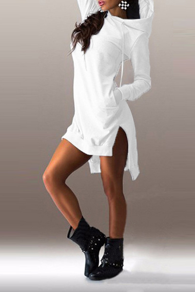 Casual Long Sleeves Patchwork Asymmetrical White Cotton Hooded Mini Dress