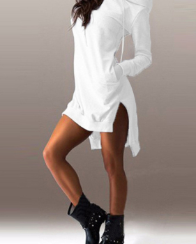 Casual Long Sleeves Patchwork Asymmetrical White Cotton Hooded Mini Dress