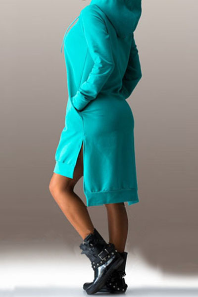 Casual Long Sleeves Side Split Asymmetrical Green Polyester Hooded Dress