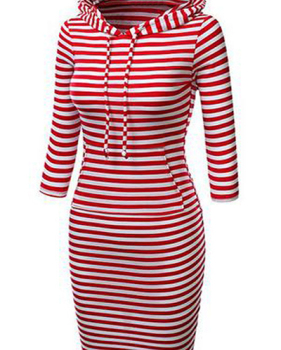 Casual Long Sleeves Stripes Print Red Polyester Sheath Knee Length Pencil Dress