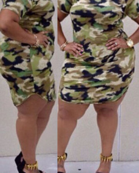 Casual O Neck Short Sleeves Camouflage Print Cotton Blend Sheath Mini Dress