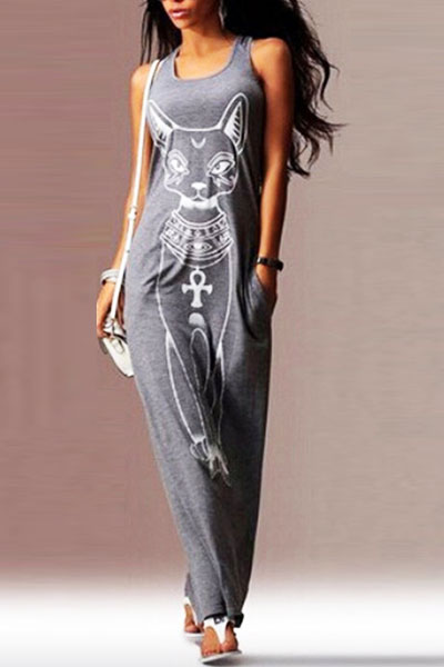 Casual U-shaped Neck Tank Sleeveless Cartoon Cat Print Grey Cotton Sheath Ankle Length Dress
