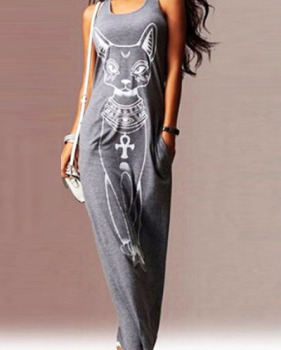 Casual U-shaped Neck Tank Sleeveless Cartoon Cat Print Grey Cotton Sheath Ankle Length Dress