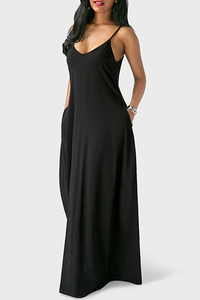 Casual V Neck Asymmetrical Black Blending Floor Length Dress