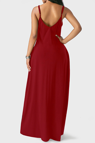 Casual V Neck Asymmetrical Wine Red Blending Floor Length Dress