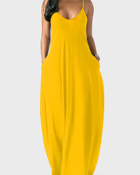 Casual V Neck Asymmetrical Yellow Blending Floor Length Dress