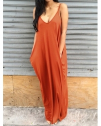 Casual V Neck Orange Blending Floor Length Dress
