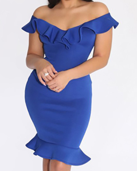 Charismatic V Neck Short Sleeves Falbala Design Blue Polyester Knee Length Dress
