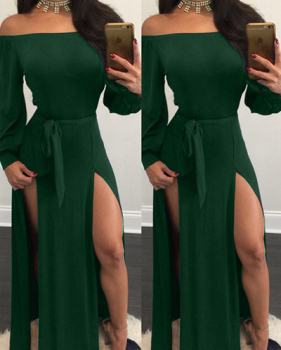 Charming Bateau Neck Long Sleeves High Split Green Qmilch Ankle Length Dress