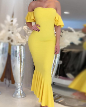 Charming Bateau Neck Short Sleeves Falbala Design Yellow Qmilch Ankle Length Dress