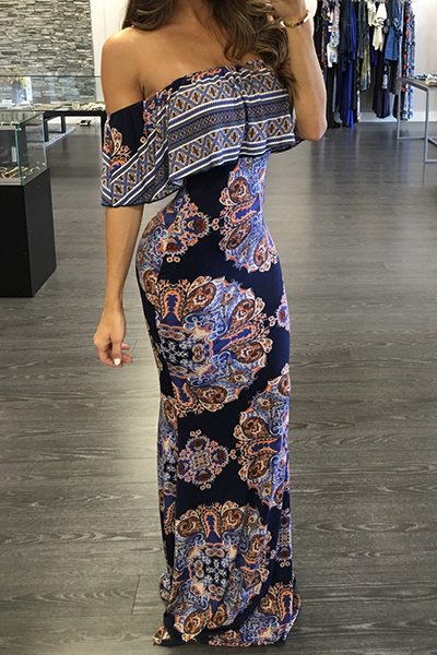 Charming Bateau Neck Strapless Short Sleeves Printed Qmilch Sheath Ankle Length Dress