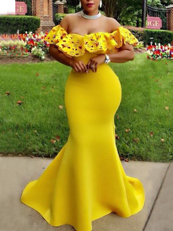 Charming Dew Shoulder Falbala Design Yellow Polyester Floor length Dress