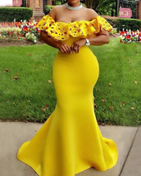 Charming Dew Shoulder Falbala Design Yellow Polyester Floor length Dress
