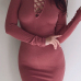 Charming Mandarin Collar Long Sleeves Hollow-out Red Polyester Sheath Mini Dress