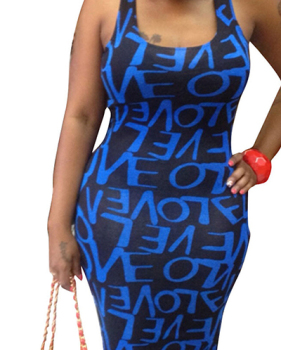 Charming U-shaped Neck Sleeveless Printed Blue Qmilch Sheath Knee Length Dress