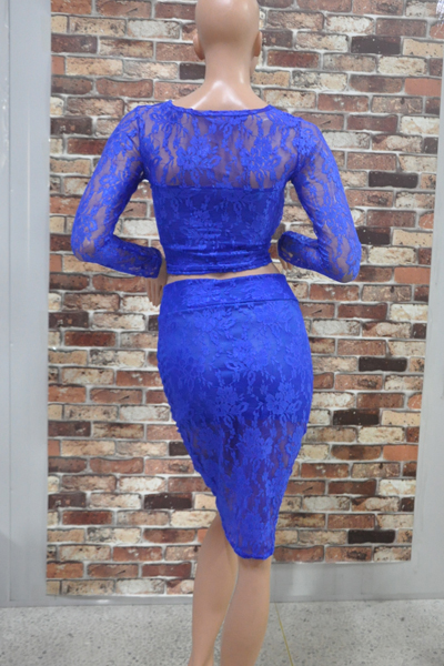 Cheap Sexy O Neck Long Sleeves Patchwork Blue Lace Knee Length Dress