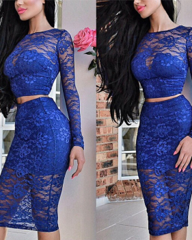 Cheap Sexy O Neck Long Sleeves Patchwork Blue Lace Knee Length Dress