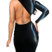 Cheap Sexy O Neck One Shoulder Long Sleeve Back Hollow-out Cobra Black PU Sheath Mini Bodycon Dress