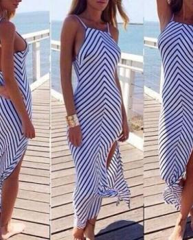 Cheap Sexy Spaghetti Strap Sleeveless Backless Split Design Striped Blue Blending Ankle Length Dress