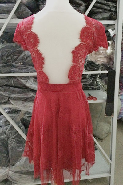Cheap Sexy V Neck Short Sleeves Backless Red Lace Mini Dress