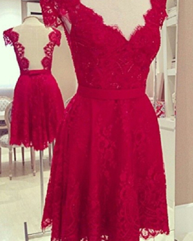 Cheap Sexy V Neck Short Sleeves Backless Red Lace Mini Dress