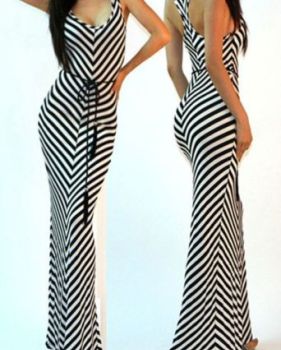 Cheap Sexy V Neck Spaghetti Strap Sleeveless Striped Blending Ankle Length Dress  Without Belt