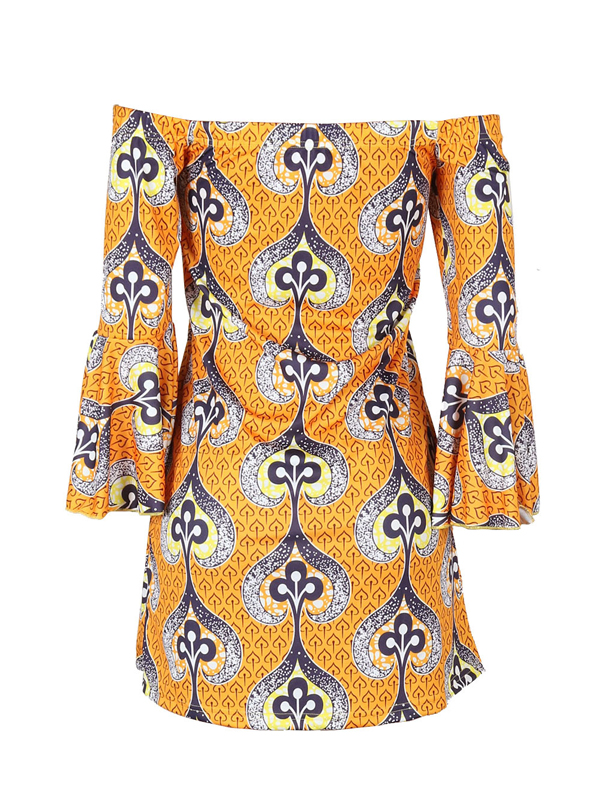 Ethnic Style Dew Shoulder Printed Polyester Mini Dress