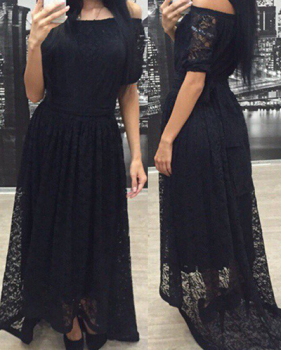 Euramerican Bateau Neck Off The Shoulder Short Sleeves Asymmetrical Black Polyester Floor Length Dress