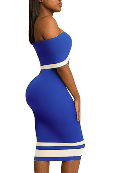Euramerican Dew Shoulder Patchwork Blue Polyester Sheath Knee Length Dress