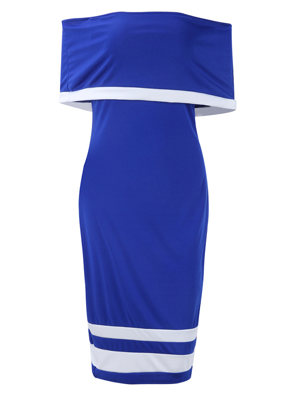 Euramerican Dew Shoulder Patchwork Blue Polyester Sheath Knee Length Dress