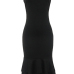 Euramerican Round Neck Falbala Design Black Polyester Sheath Mid Calf Dress