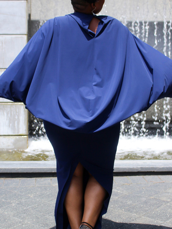 Euramerican Round Neck Hollow-out Blue Milk Fiber Ankle Length Dress