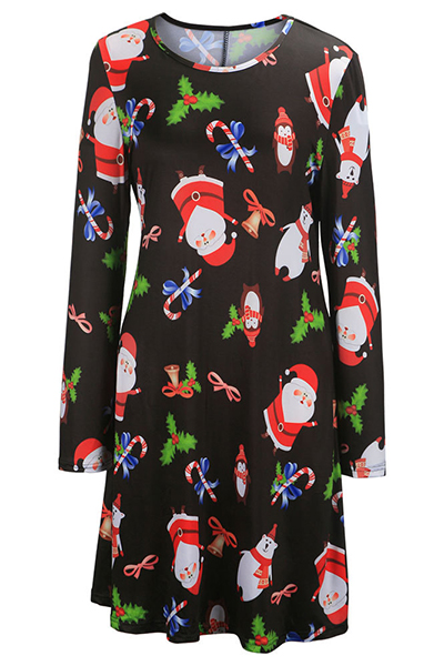 Euramerican Round Neck Long Sleeves Christmas Theme Printed Black Polyester Knee Length Dress