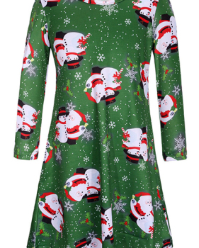 Euramerican Round Neck Long Sleeves Christmas Theme Printed Green Polyester Knee Length Dress