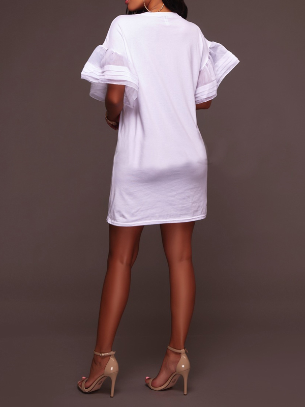 Euramerican Round Neck Printed White Polyester Mini Dress