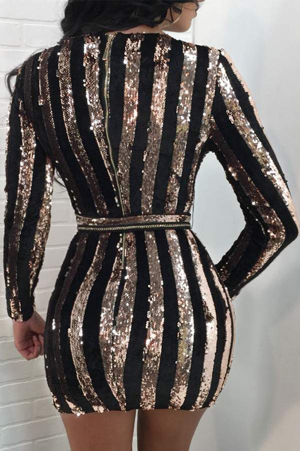 Euramerican Round Neck Sequined Decorative Striped Gold Polyester Mini Dress