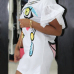 Euramerican Round Neck Short Sleeves Printed White Polyester Sheath Mini Dress