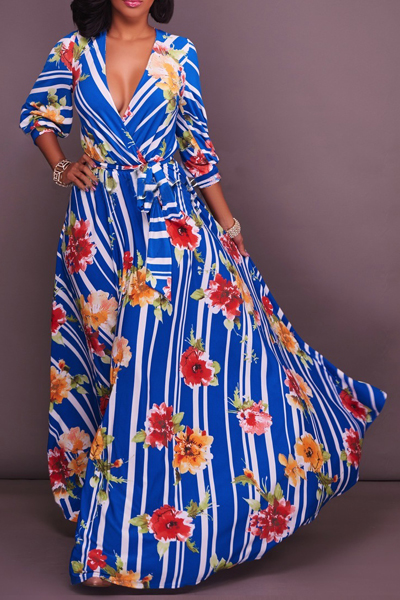 Euramerican V Neck Half Sleeves Floral Print Cotton Blend Ankle Length Dress