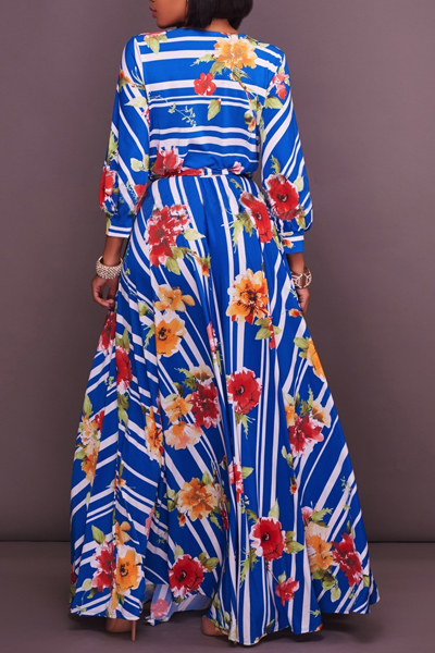 Euramerican V Neck Half Sleeves Floral Print Cotton Blend Ankle Length Dress