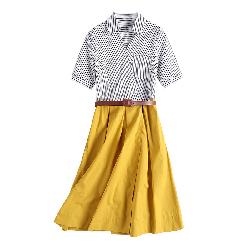 European station 2019 summer new women's temperament v-neck striped stitching a word skirt dress #94996