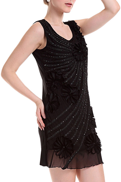 Exquisite O Neck Off The Shoulder Sleeveless Black Cotton Sheath Mini Dress