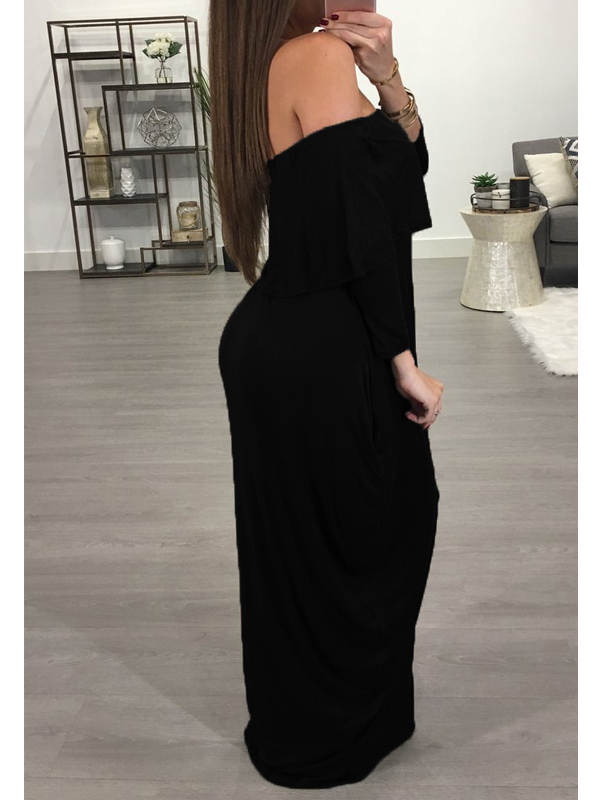 Fashion Dew Shoulder Falbala Design Black Cotton Blend Ankle Length Dress