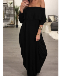 Fashion Dew Shoulder Falbala Design Black Cotton Blend Ankle Length Dress